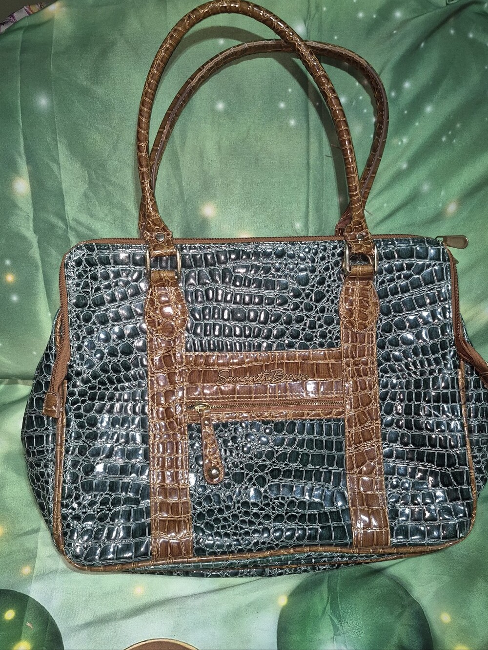 Samantha Brown Two-Tone Croc-Textured Tote in Teal and Brown